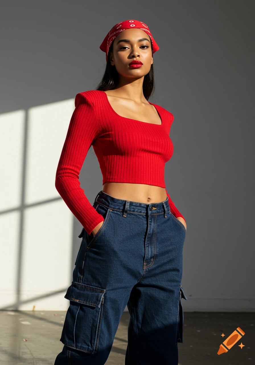 A fashionable young woman in a red crop top, dark denim cargo pants, and a red bandana, looking confidently at the camera.