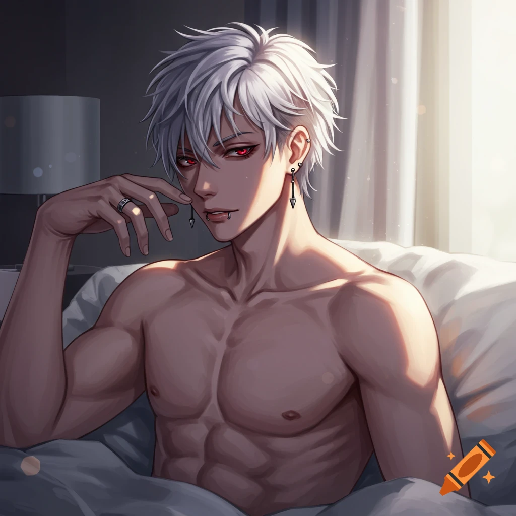 Anime male with white hair, red eyes, and piercings, shirtless in bed, lit by morning sun.