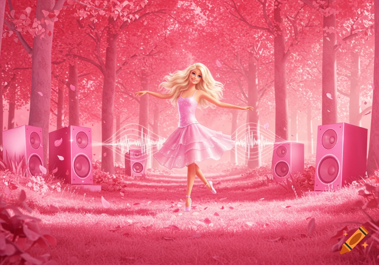 Barbie in a pink forest with giant pink speakers emitting sound waves as she dances.