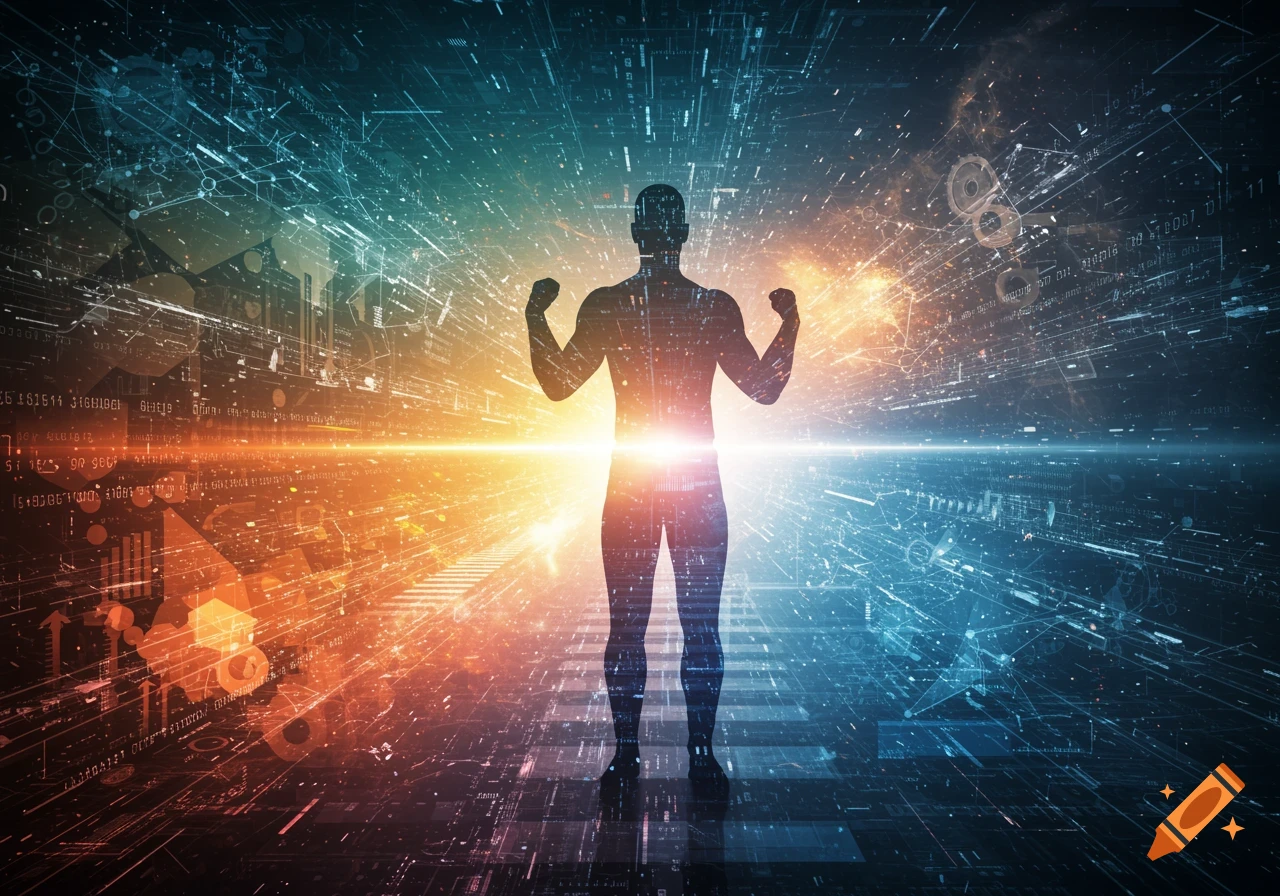 Silhouette of a person flexing their biceps against a glowing, abstract digital background with vibrant orange and blue light.