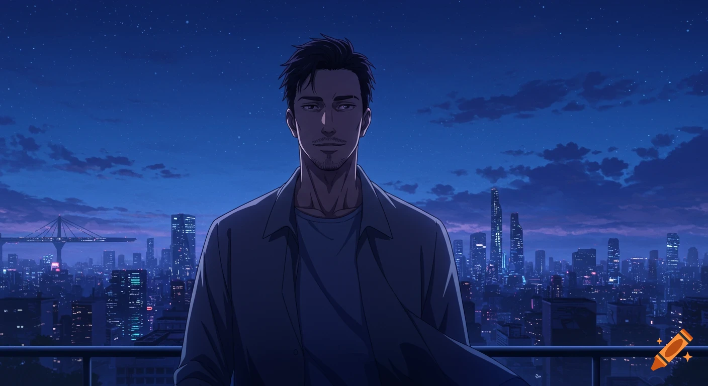 A semi-realistic anime-style man with dark hair and a beard stands on a rooftop overlooking a vibrant city at night.