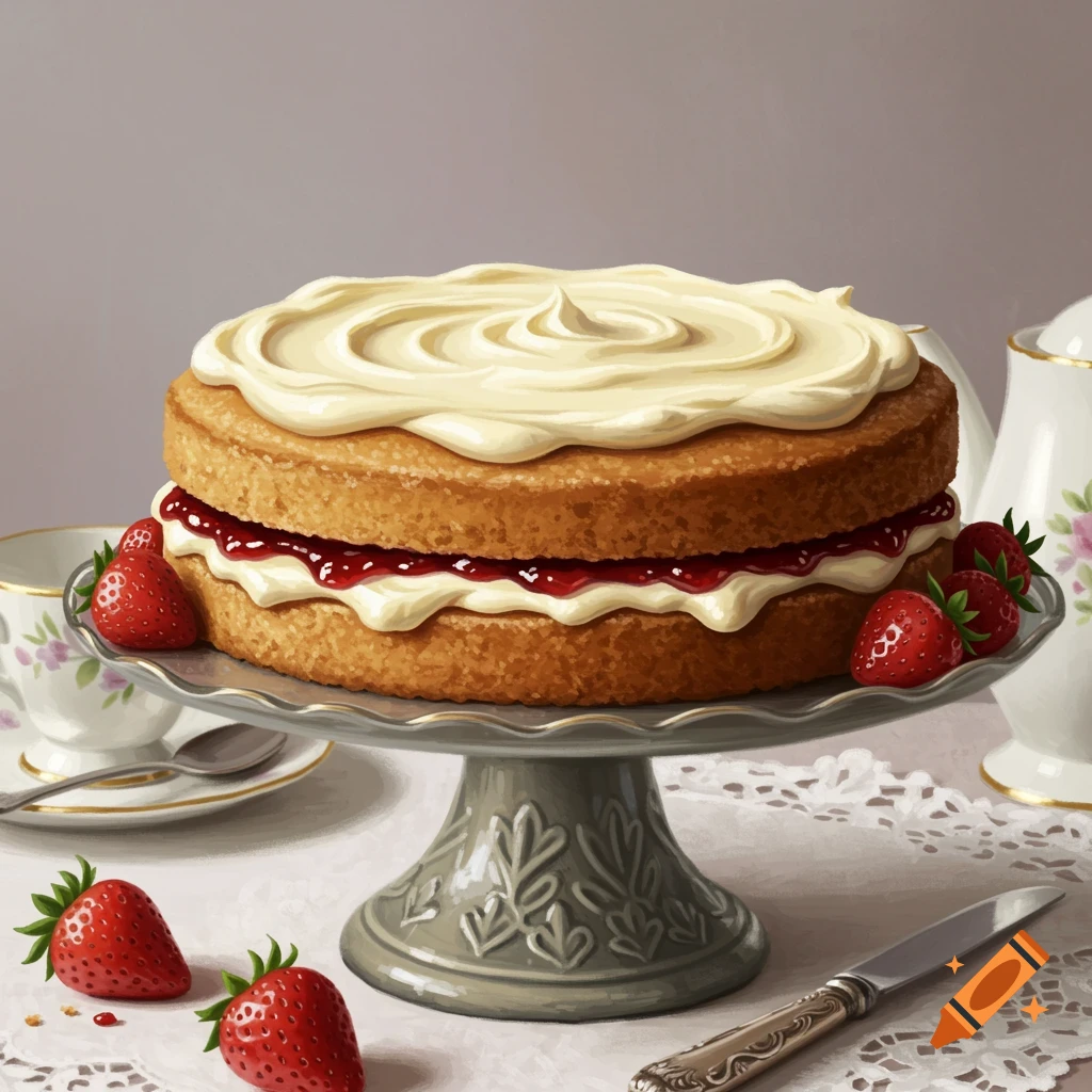 A Victoria sponge cake with cream and jam on a cake stand, with strawberries, a teacup, and a knife on a lace tablecloth.