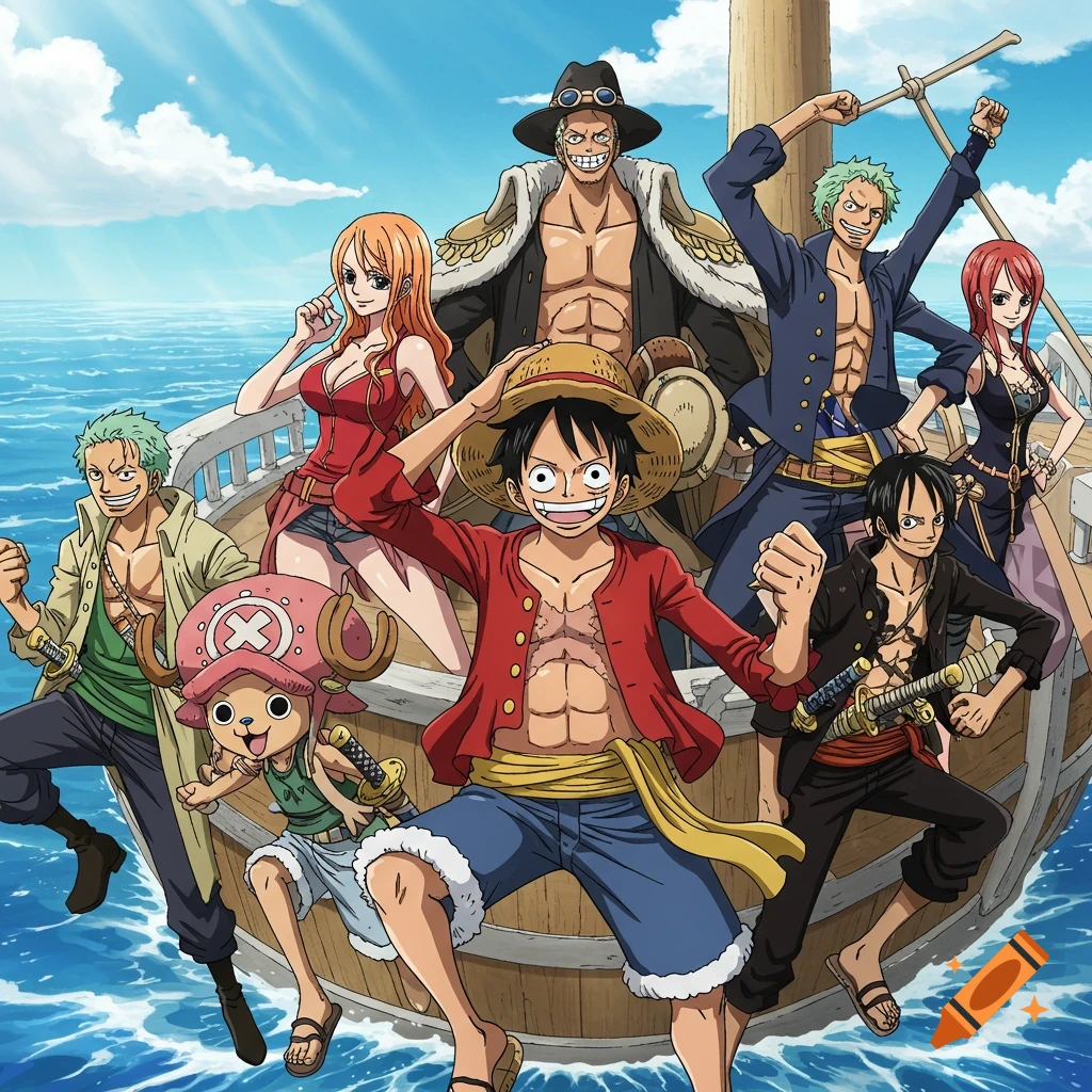 The Straw Hat Pirate crew from One Piece, including Luffy, Zoro, Nami, Usopp, Sanji, Chopper, Robin, Franky, and Brook, pose cheerfully on their ship sailing on a blue ocean under a clear sky.