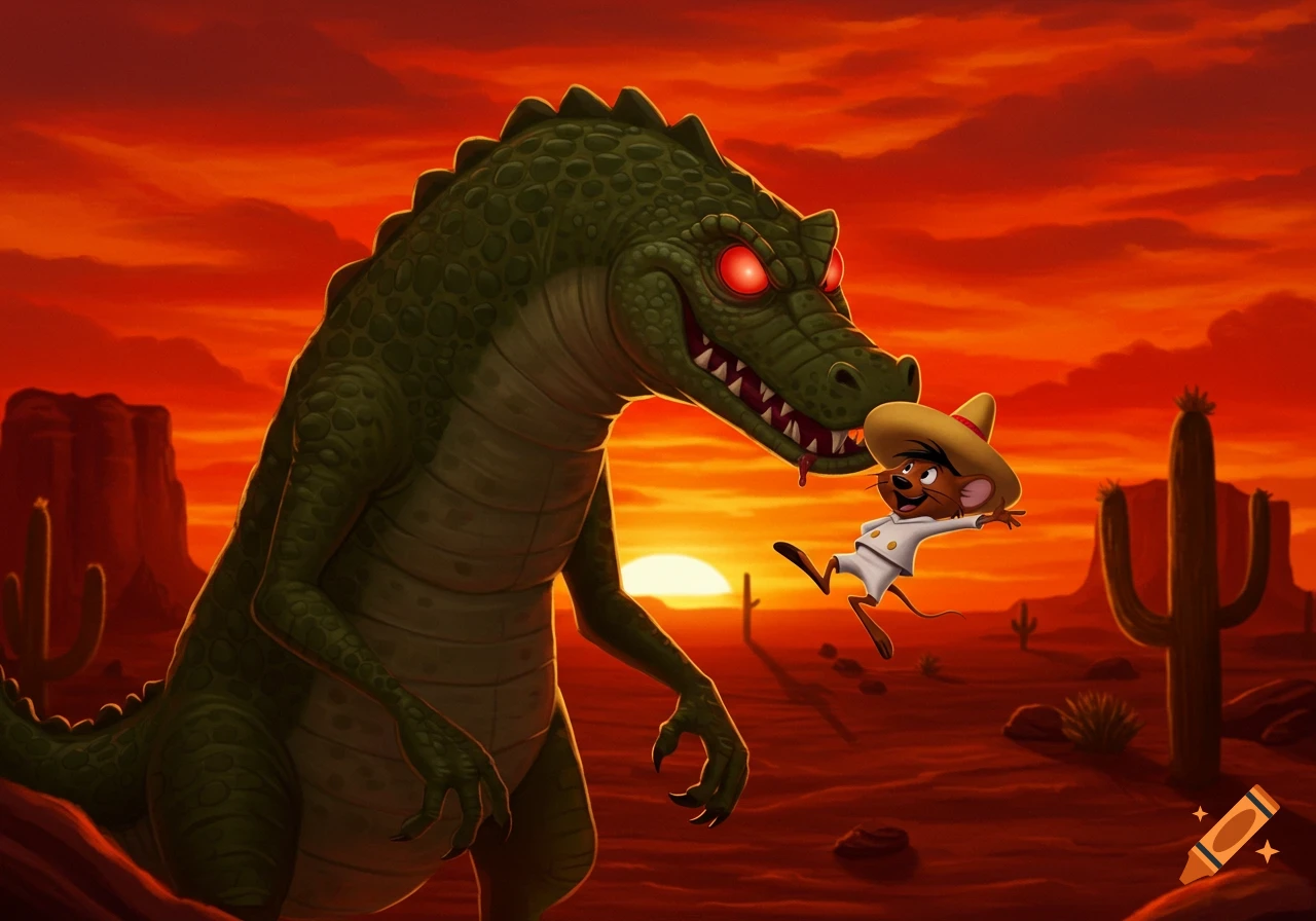 A green chupacabra with red eyes holds a grinning Speedy Gonzales in its jaws in a cartoon desert sunset.