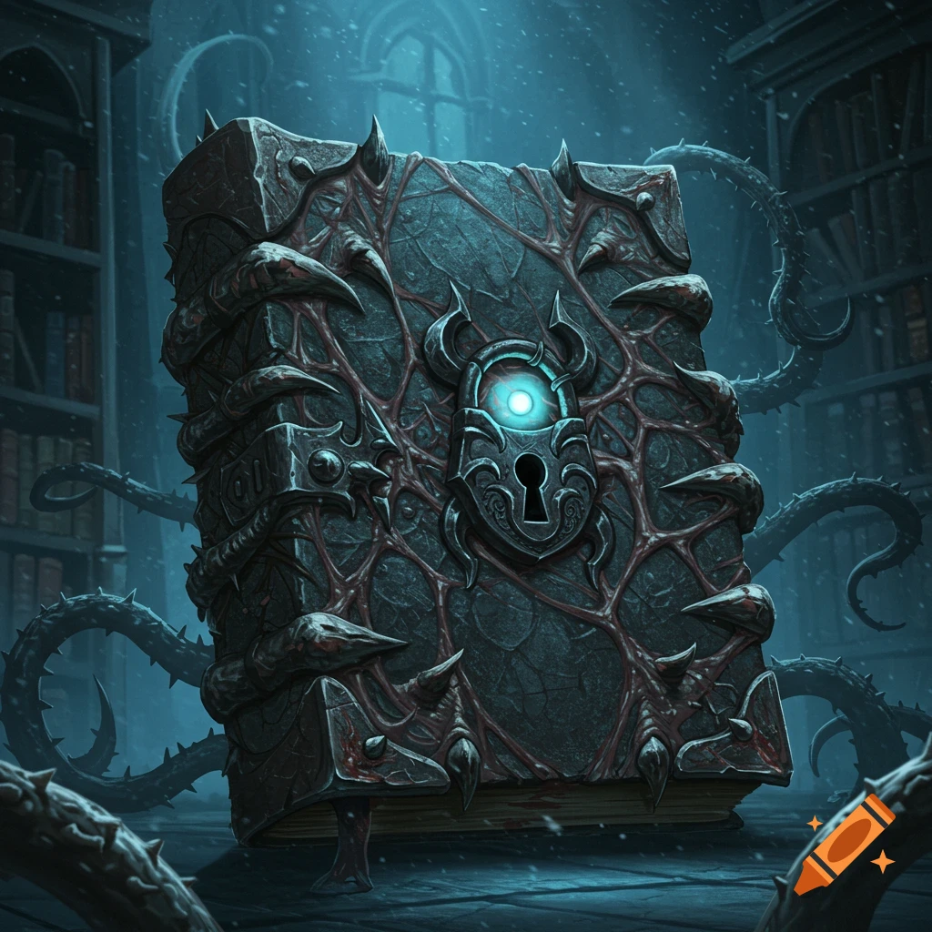 An ancient, sinister book with a thorny, skin-like cover, spiky tendrils, fanged edges, and a glowing evil eye lock, in a dark library.