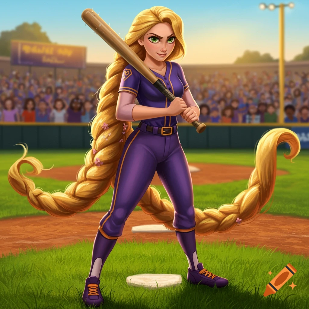 Rapunzel, with her long braided blonde hair, stands on a baseball field holding a bat, wearing a purple uniform, with a crowd in the background. Cartoon style.