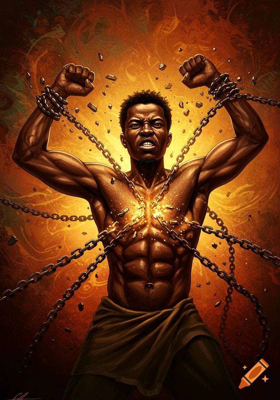 An angry African man with glowing chest muscles breaks thick metal chains wrapped around his arms and body, against a fiery orange background.