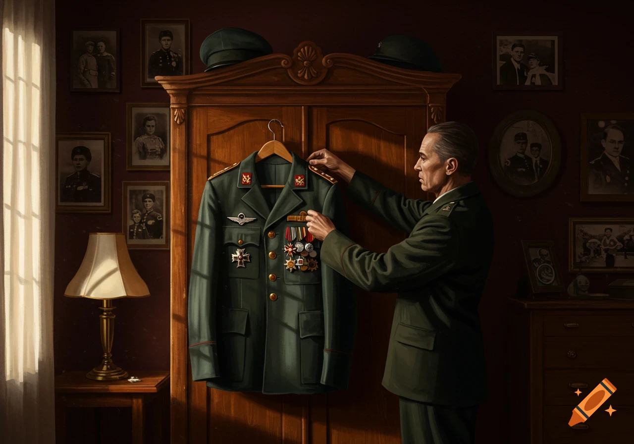 A man in a dark green military uniform adjusts a uniform hanging on a wooden wardrobe in a dimly lit room with framed portraits.
