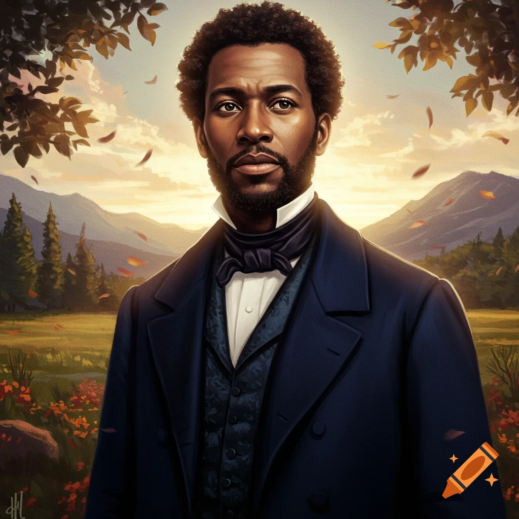 A painted portrait of a man with dark skin and curly hair in 19th-century attire standing in a scenic landscape with mountains and falling leaves.