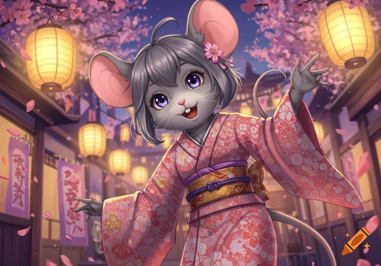 A cute anime mouse character with purple eyes and short gray hair, wearing a pink kimono, stands under cherry blossoms with lanterns in a Japanese street at dusk.