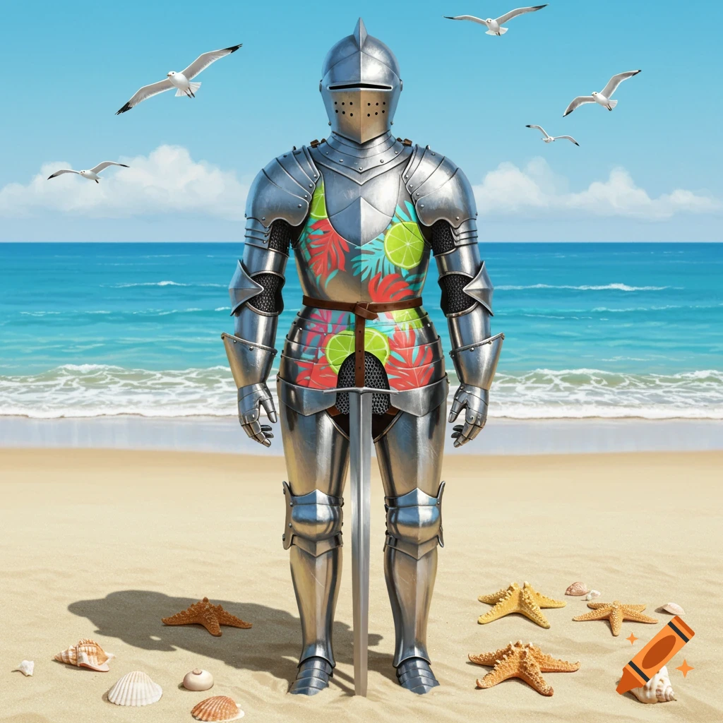 A photorealistic suit of armor wearing a colorful tropical swimsuit stands on a sandy beach with the ocean and seagulls in the background.
