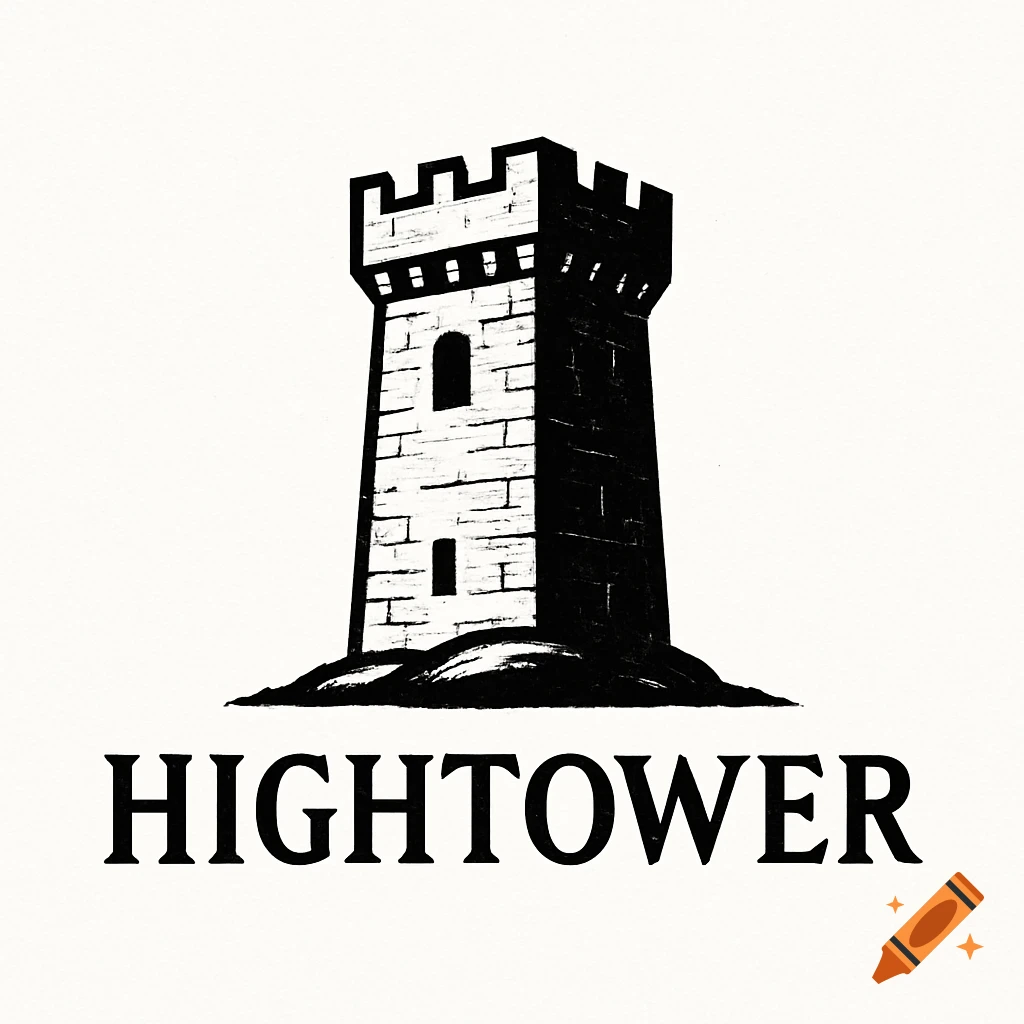 Black and white illustration of a medieval watchtower above the word 'HIGHTOWER'.