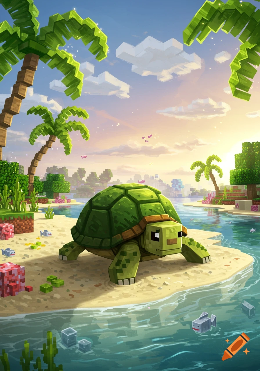 A blocky Minecraft turtle on a sandy beach with palm trees and a sunset sky.