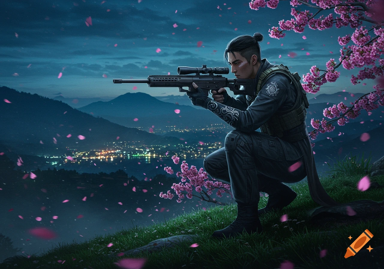 A male sniper crouches on a grassy hill with cherry blossoms, aiming a rifle over a glowing city at night, under a dark blue sky.