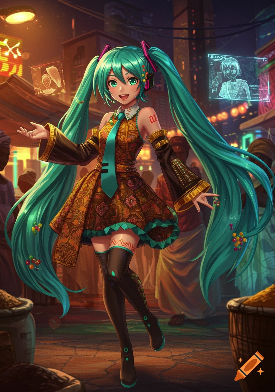 Hatsune Miku in a traditional Nigerian-inspired dress stands in a vibrant, neon-lit cyberpunk marketplace.