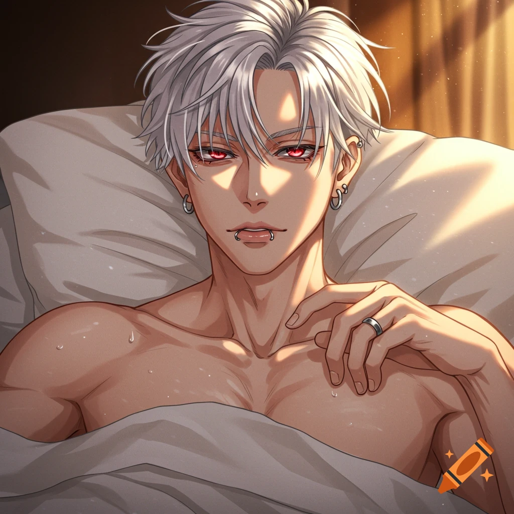 Anime illustration of a shirtless male with white hair, red eyes, and piercings, sitting up in bed with warm light.