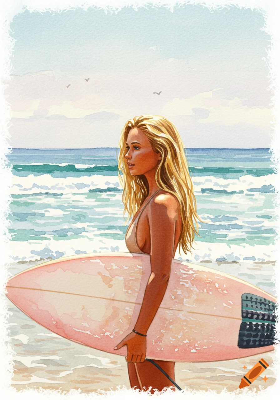 A watercolor painting of a blonde, tanned young woman in a bikini, holding a pink surfboard on a beach, looking out at the ocean waves.