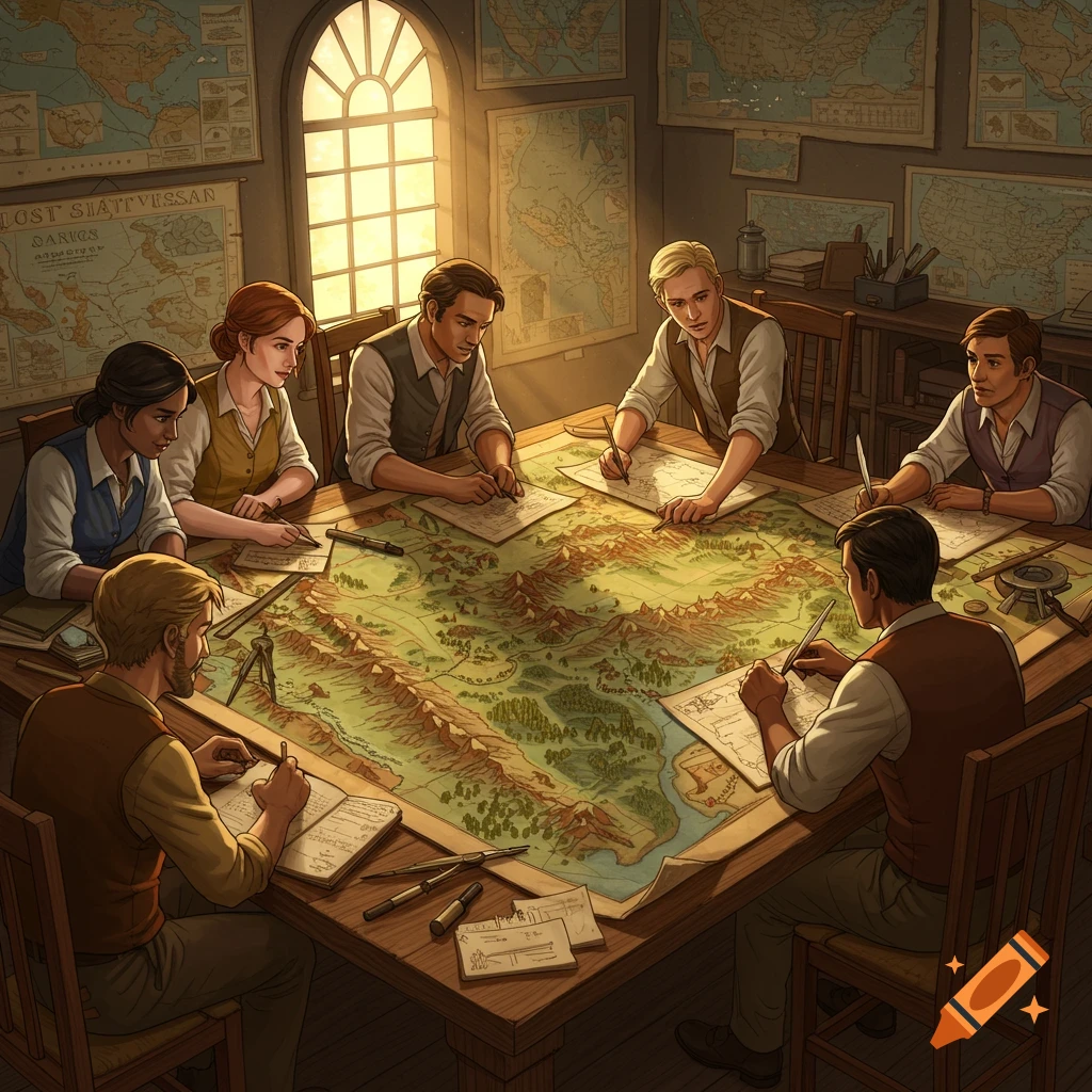 A group of six people, dressed in earth-toned clothing, gather around a large, detailed fantasy map spread across a wooden table, diligently drawing and taking notes. Maps also adorn the sunlit wall behind them.