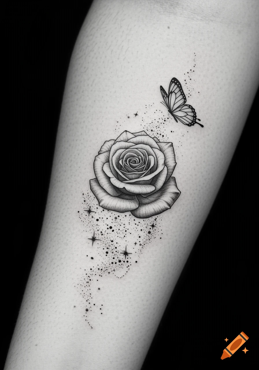 A black and white tattoo of a detailed rose with a butterfly flying above it, surrounded by sparkling fairy dust, on a human limb.
