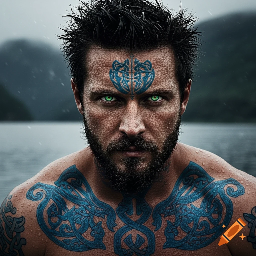 Close-up photorealistic portrait of a bearded viking man with messy black hair, glowing green eyes, and blue Celtic tattoos on his face and chest, in front of a lake.