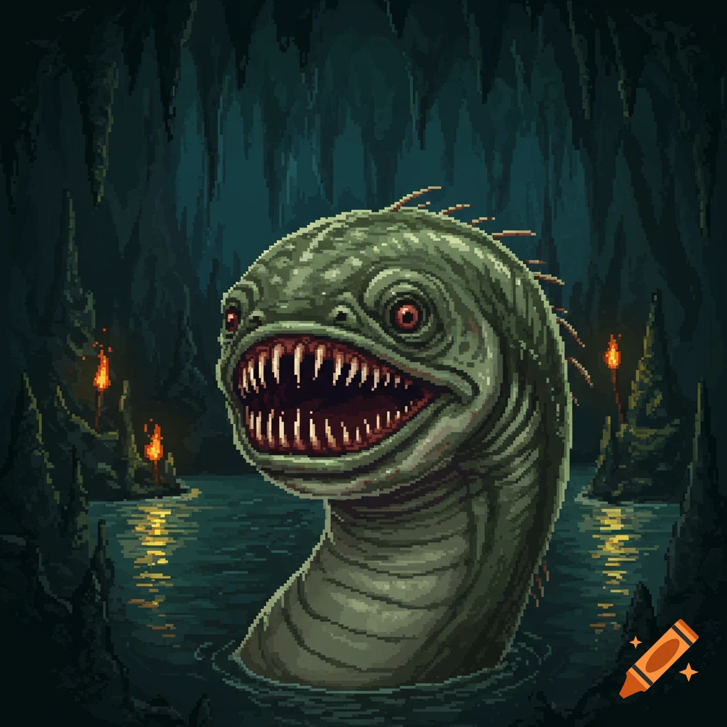 A pixel art depiction of a monstrous green creature with sharp teeth emerging from water in a dark cave lit by torches.