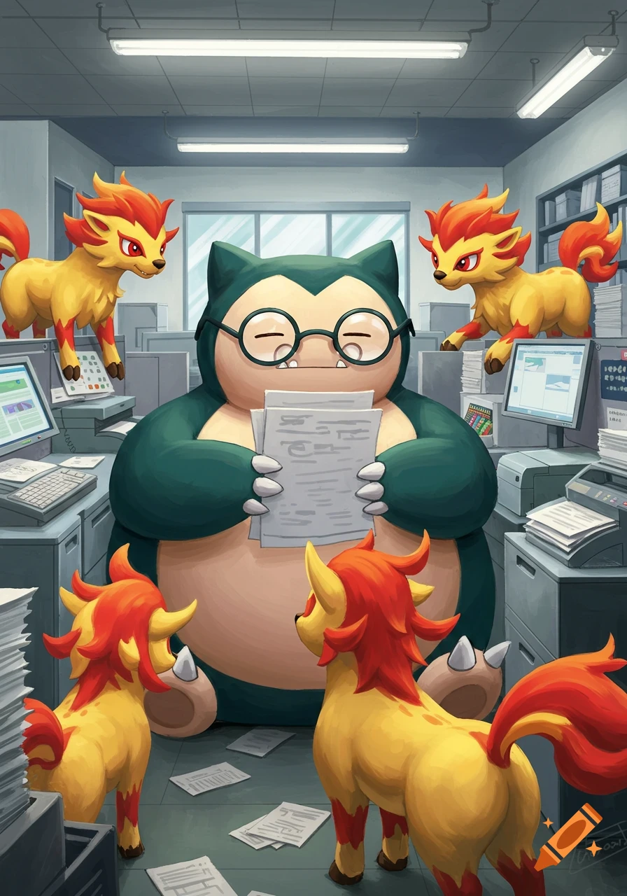 Snorlax wearing glasses reads papers in an office, surrounded by four orange and yellow, lion-like Pok es.