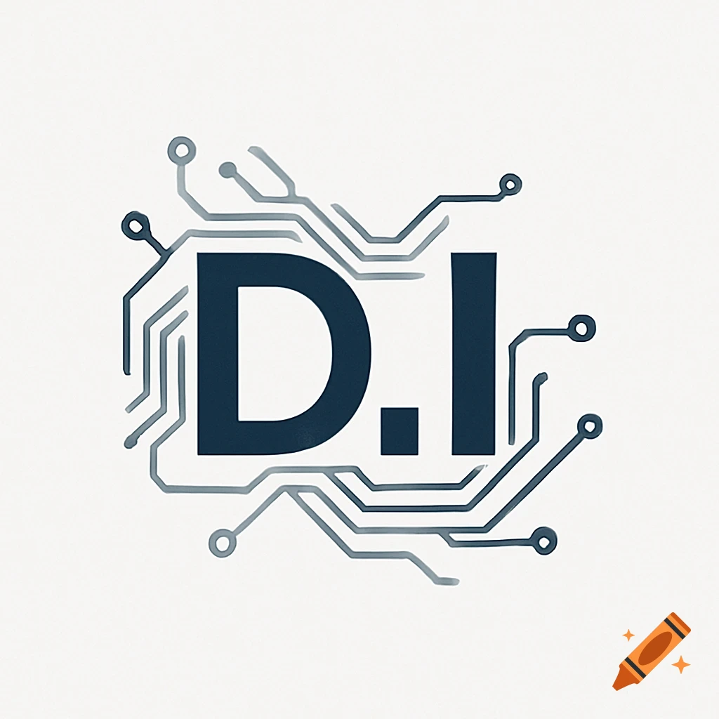 A clean and simple logo featuring dark blue 'D.I' text surrounded by a gray circuit board design.