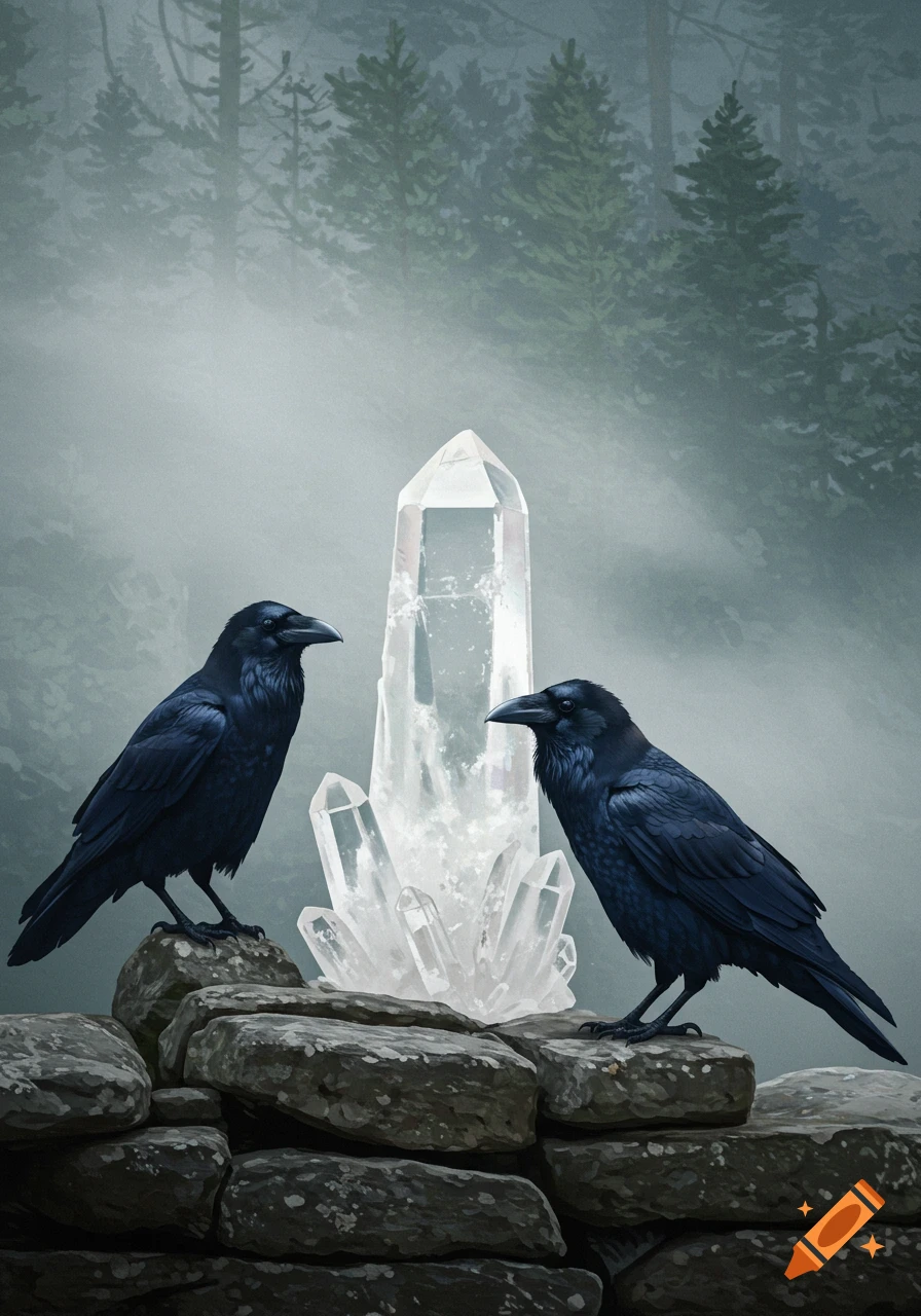 Two ravens on a stone wall flank a large, glowing quartz crystal in a misty forest, illustrative style.