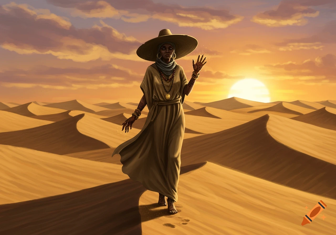 An illustration of an exotic wise woman in a wide hat and flowing robes, standing in a vast desert landscape at sunset.