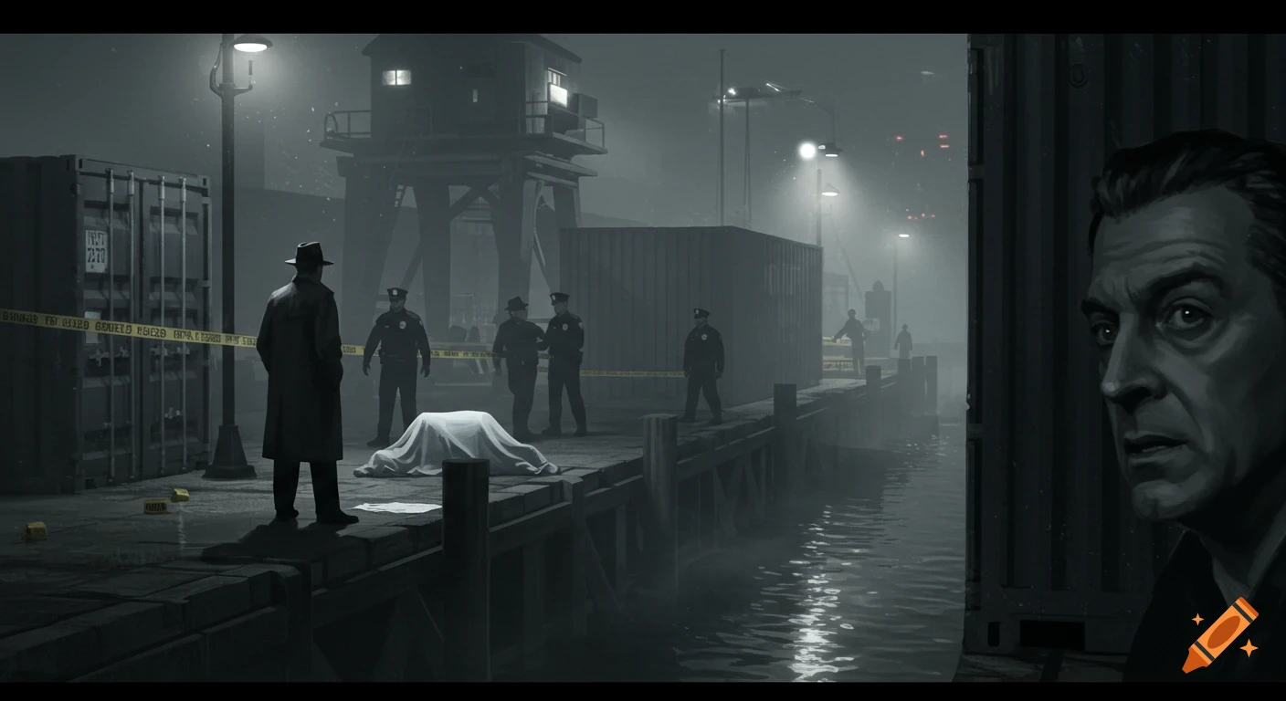 A detective and police investigate a covered body on a foggy, dark dock at night, with a nervous man peeking from behind a shipping container in a noir style.
