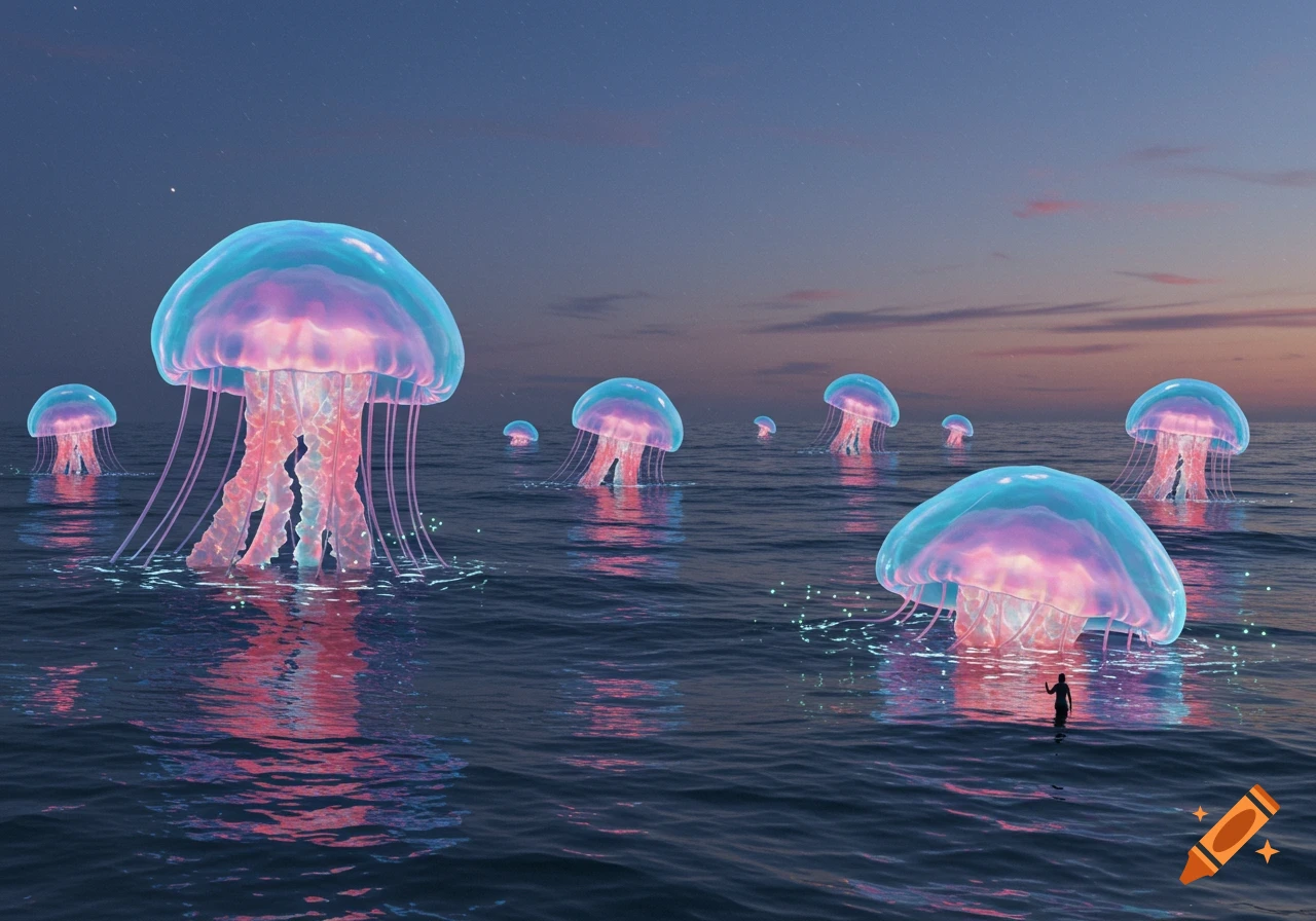 Glowing blue and pink jellyfish float on calm water at dusk, with a small figure in the foreground.