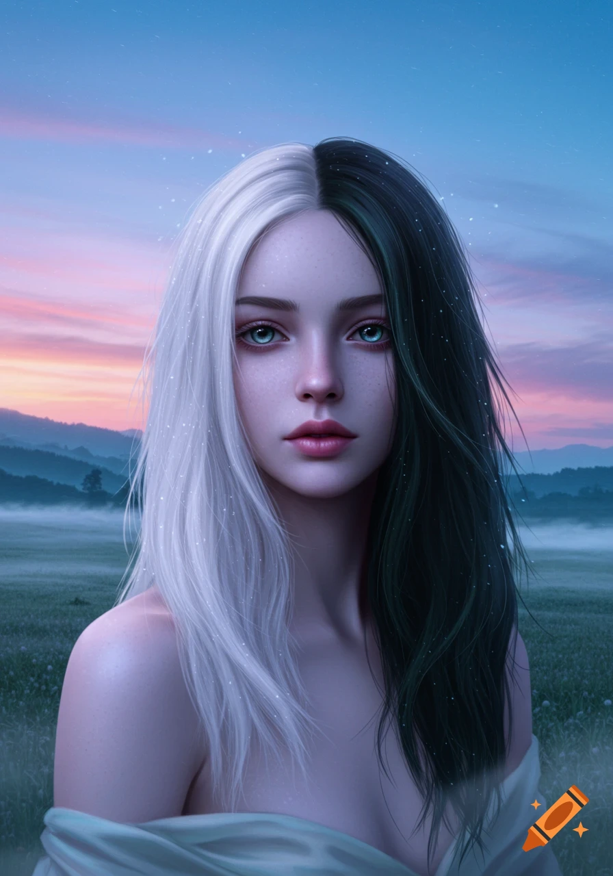 Digital painting of a young woman with split white and black hair and blue-green eyes, in a misty field at dusk.