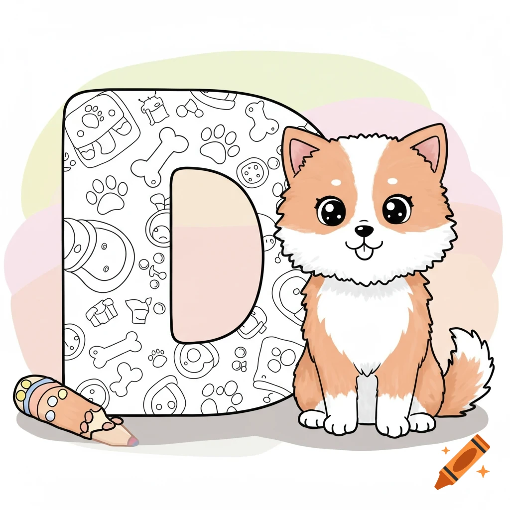 A cute cartoon dog with orange and white fur sits next to a large outlined letter D, which is decorated with small dog-related illustrations, and a coloring pencil lies in front of it.