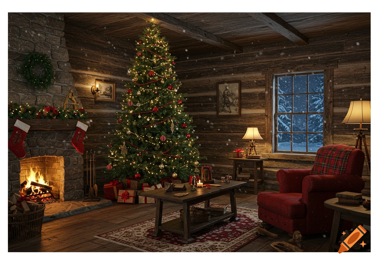 A cozy rustic cabin living room decorated for Christmas with a large tree, fireplace, red armchair, and snowy window view at night.