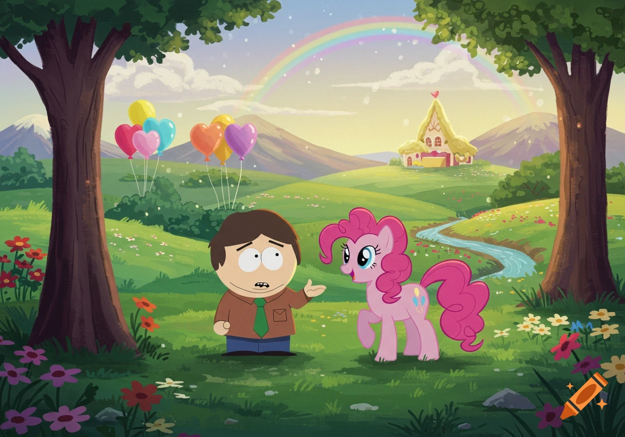 Mr. Mackey from South Park and Pinkie Pie from My Little Pony stand in a vibrant cartoon meadow with a rainbow and trees.