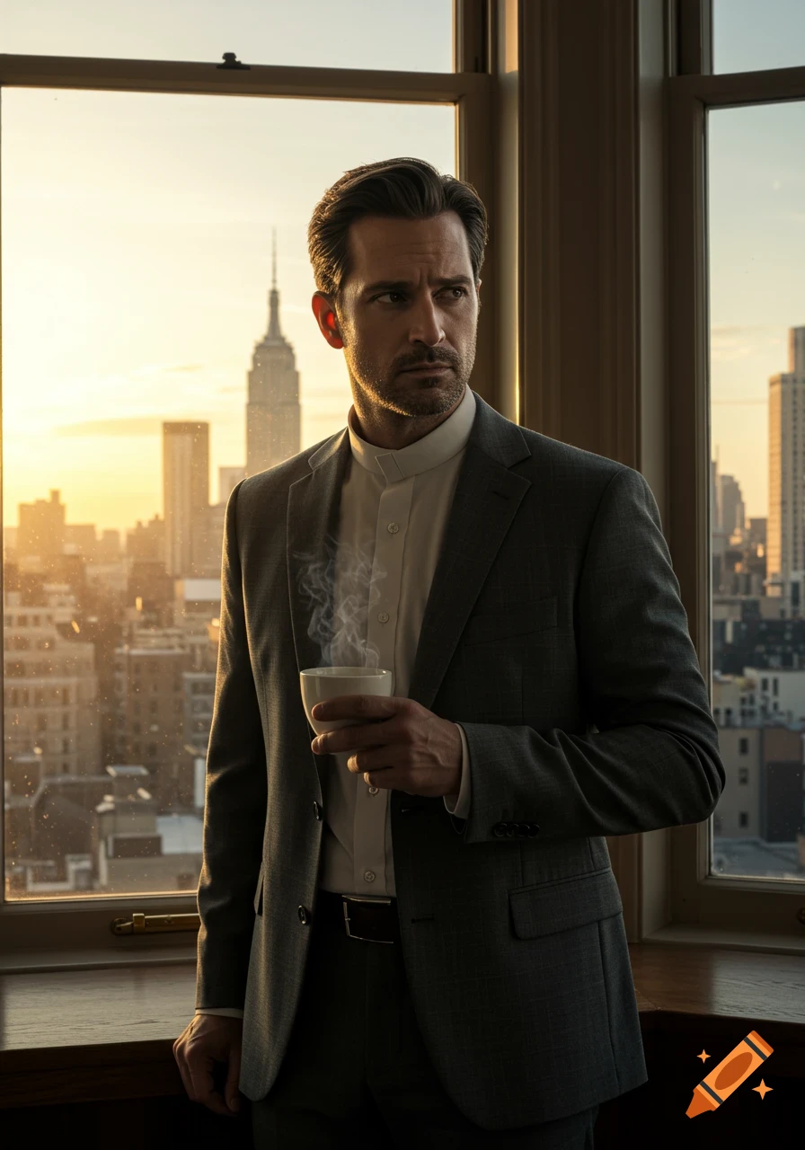 A man in a suit holds a steaming cup, looking out a window at a city skyline with the Empire State Building in the background, at sunset.