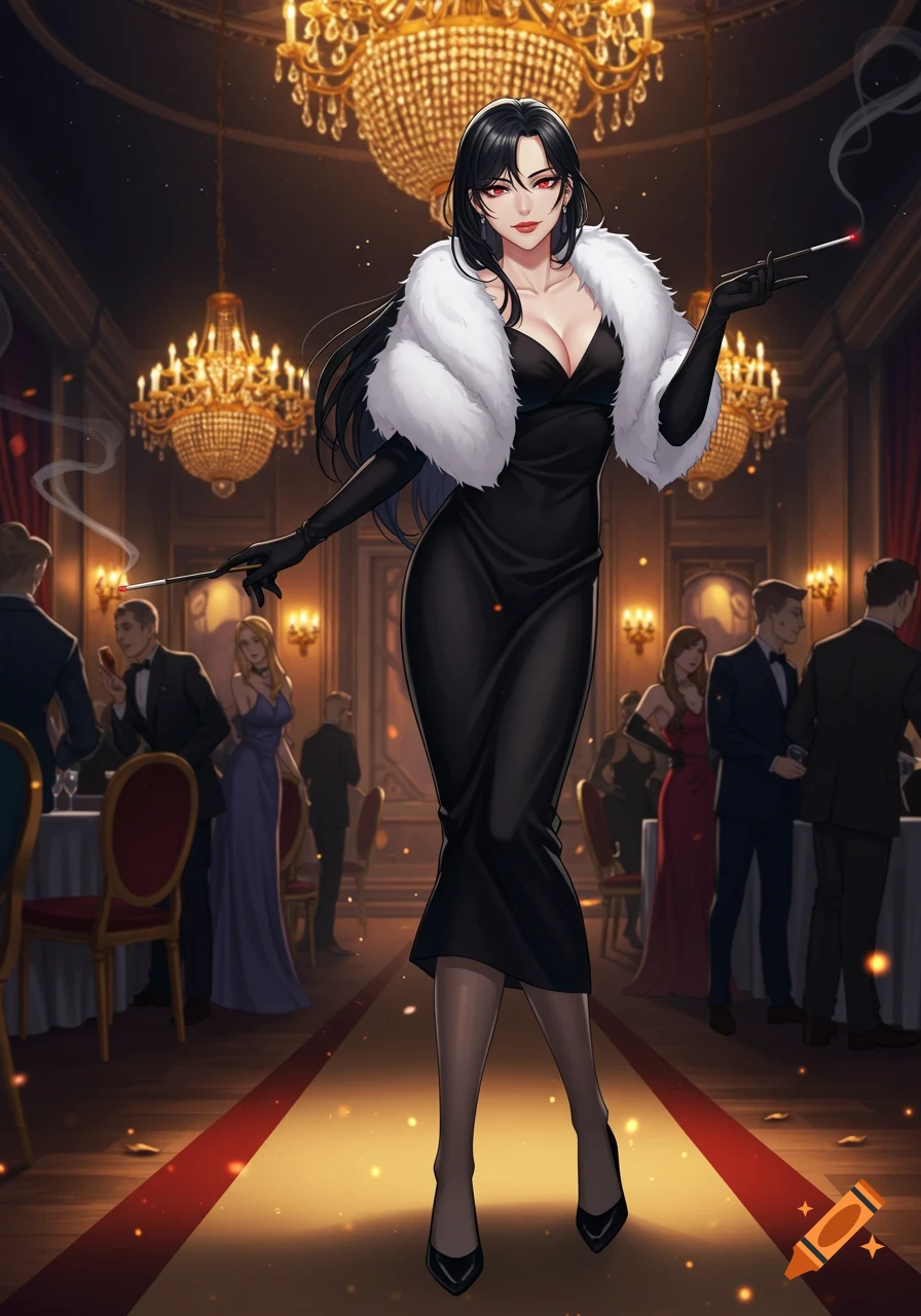 An anime woman in a long black dress and white fur wrap holding a cigarette holder at a fancy party.