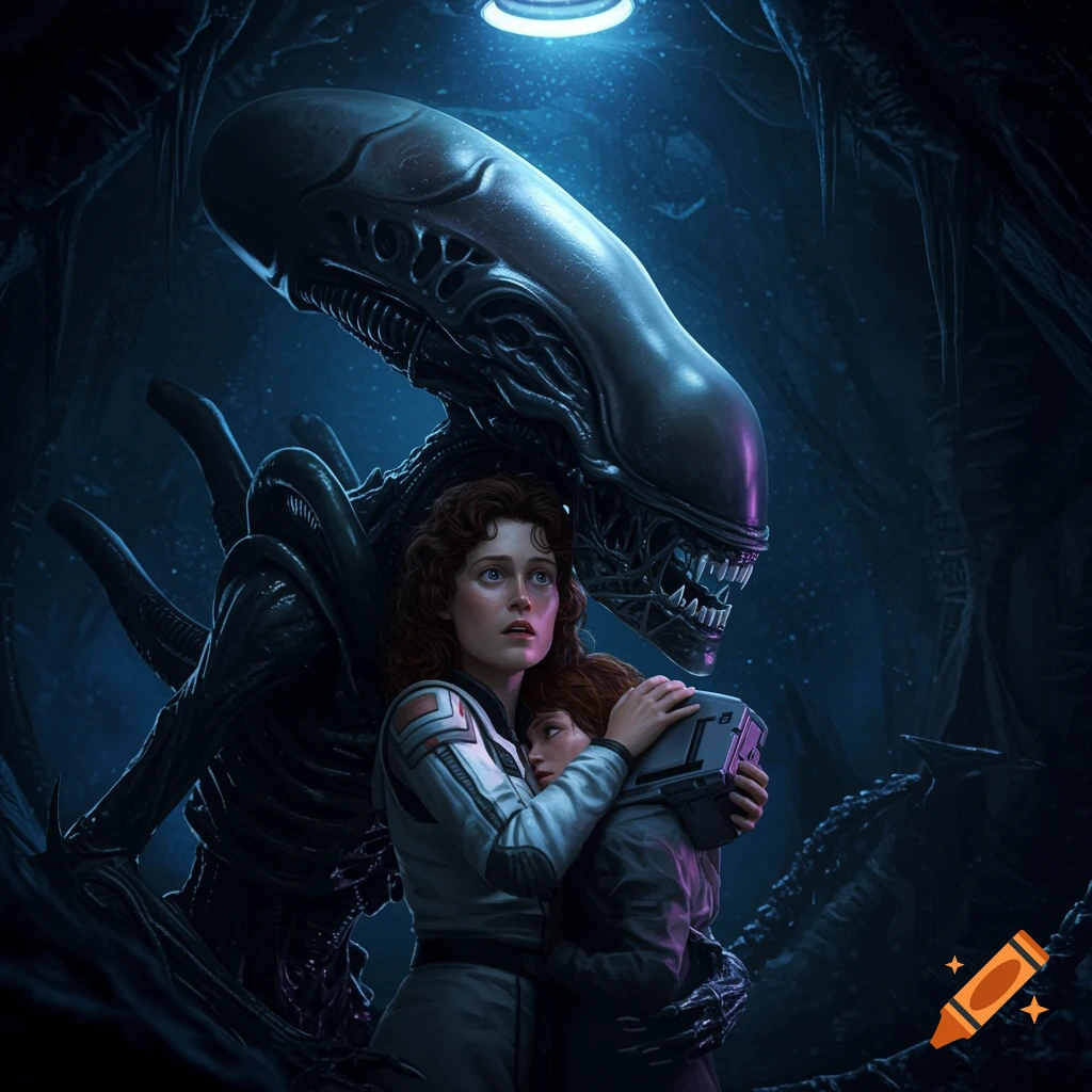 Ellen Ripley embraces a child while a large, menacing alien stands behind them in a dark, cavernous space setting, illuminated by a blue light.