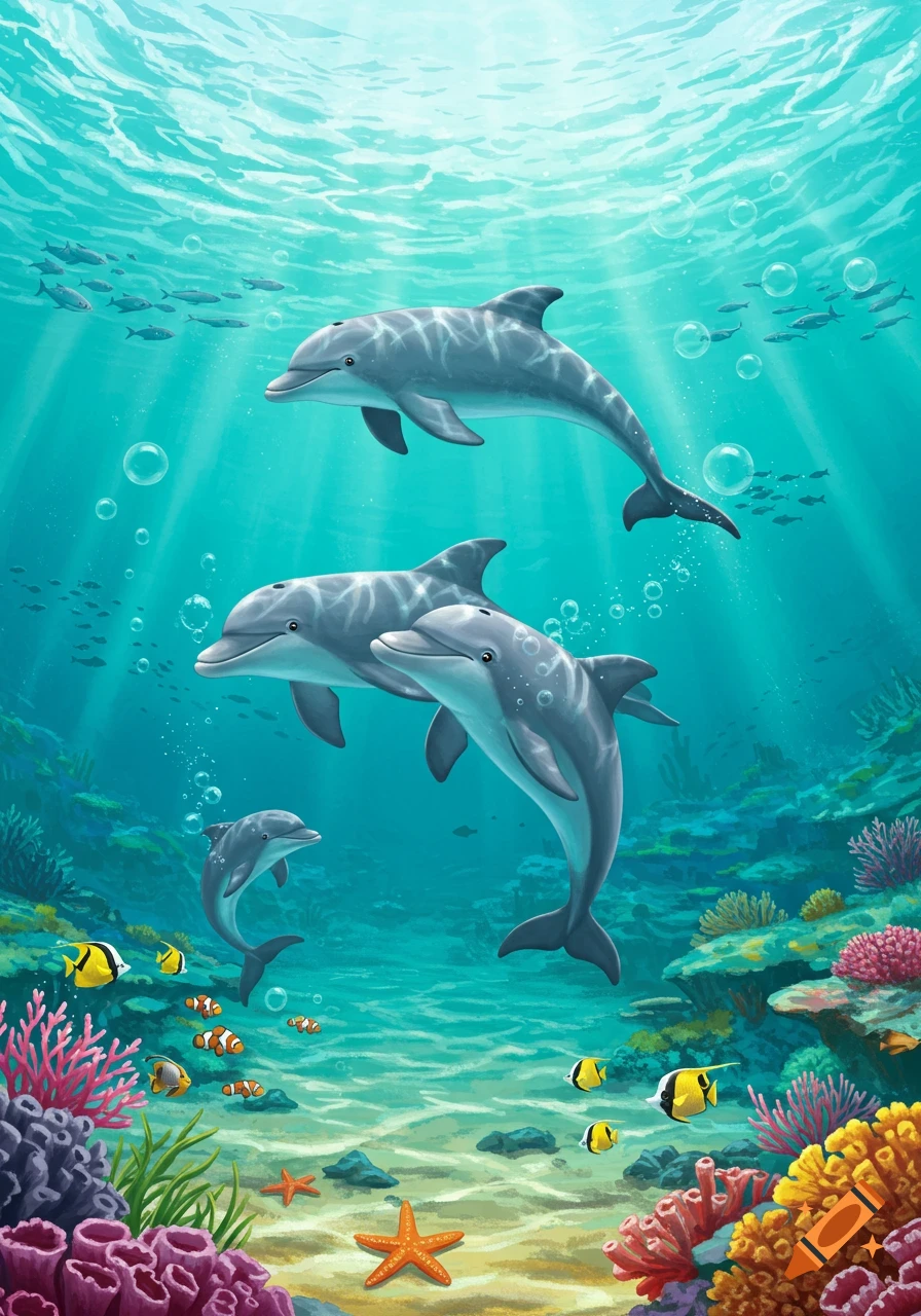 A children's illustration of happy dolphins swimming in a vibrant underwater scene with fish and coral.