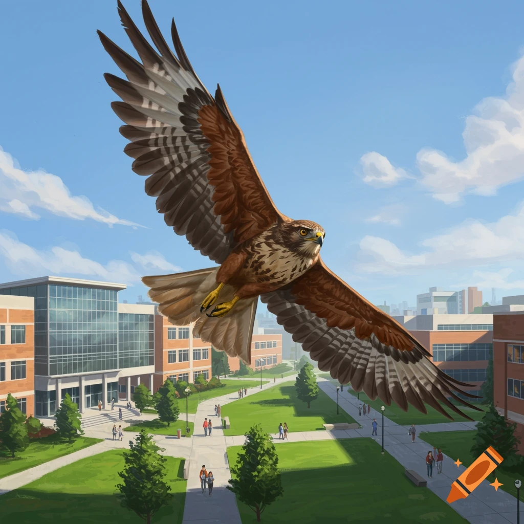 A large brown and white hawk flies over a university campus with brick buildings and green lawns, in an illustrated style.