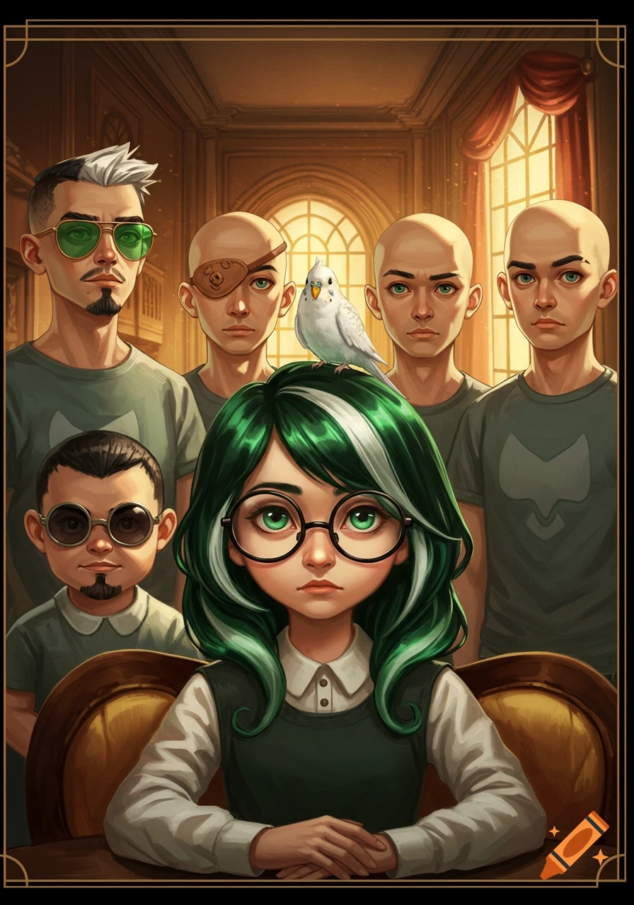 A stylized portrait of a girl with green and white hair and glasses, with a white parakeet on her head, surrounded by several men in a grand room.