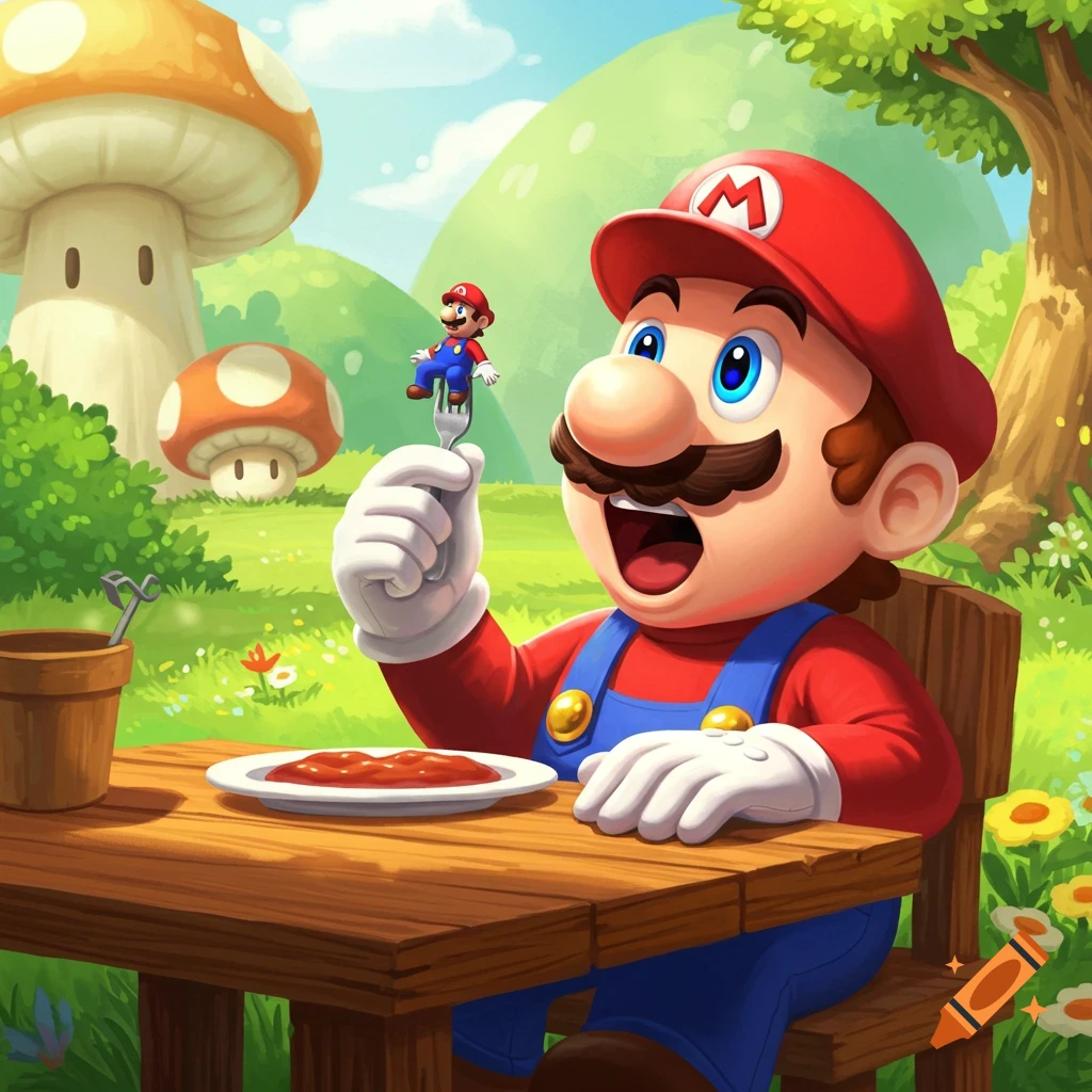 Cartoon Mario sits at an outdoor table, holding a fork with a tiny Mario on it, in a whimsical mushroom landscape.