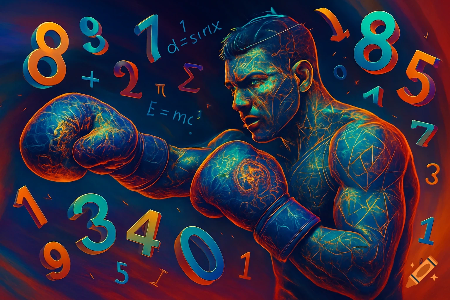 A muscular boxer with glowing lines on his body, surrounded by floating 3D numbers and mathematical formulas like E=mc and d=sinx, against a vibrant, abstract background.