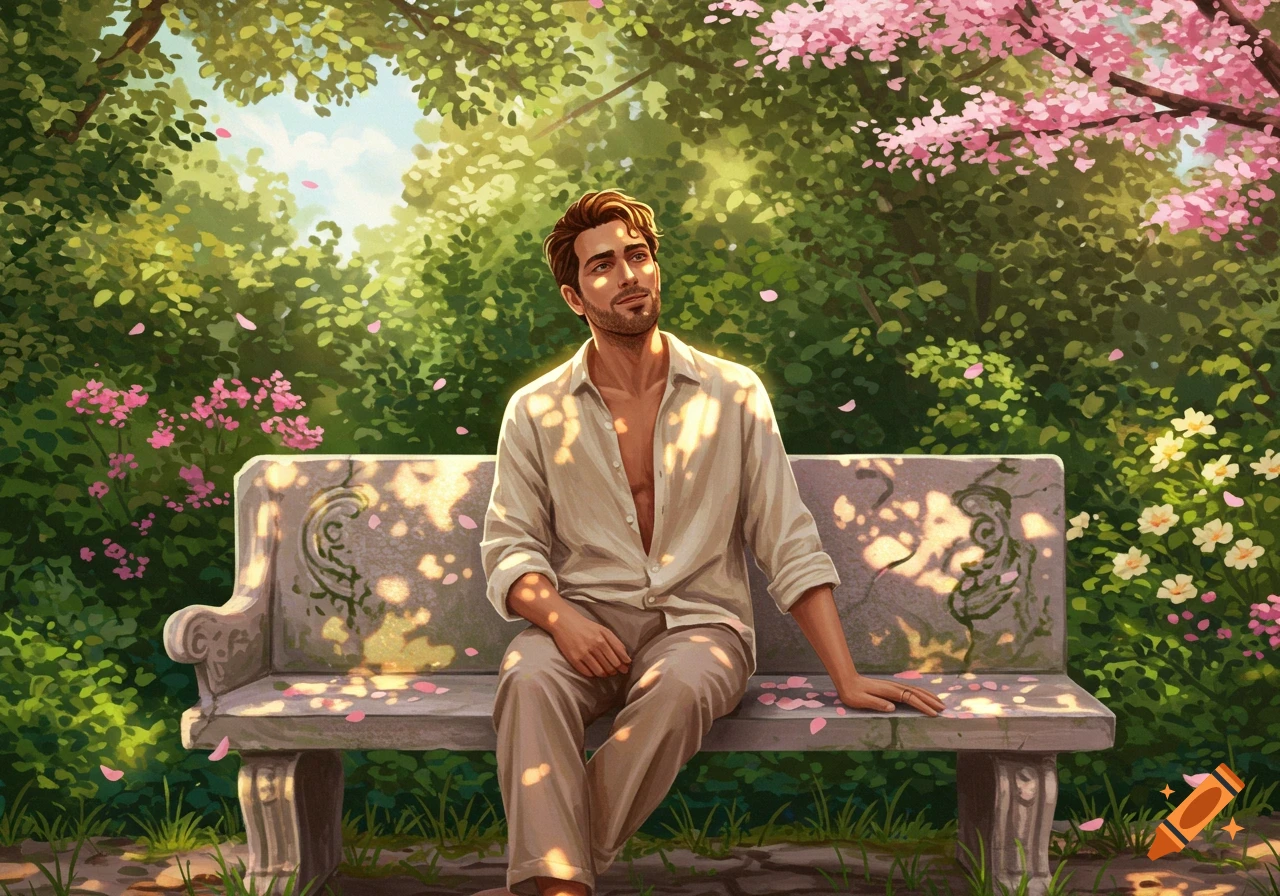 Illustration of a man with an open shirt sitting on a stone bench under a blooming tree, dappled in sunlight.