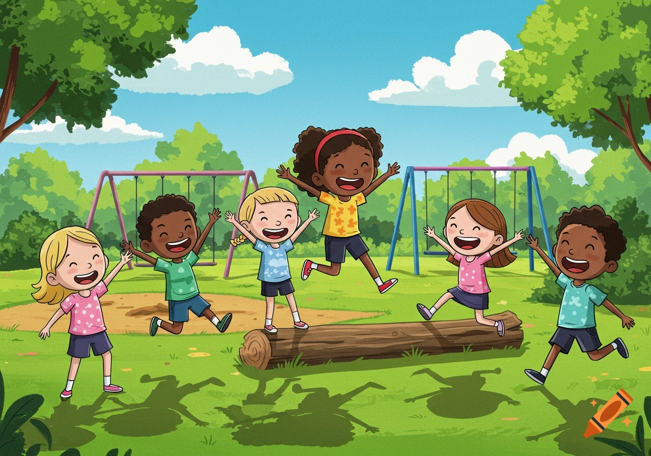 Happy cartoon children playing in a sunny park with swings and a log.