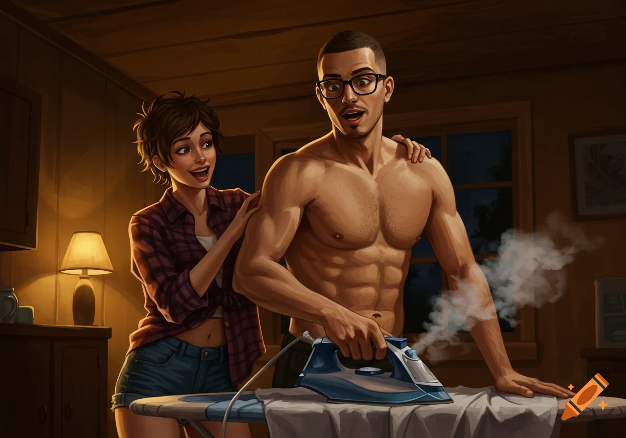 A man with glasses and no shirt is ironing clothes at night, looking surprised as a woman with short brown hair and a flannel shirt playfully touches his shoulders from behind, in a stylized illustration.