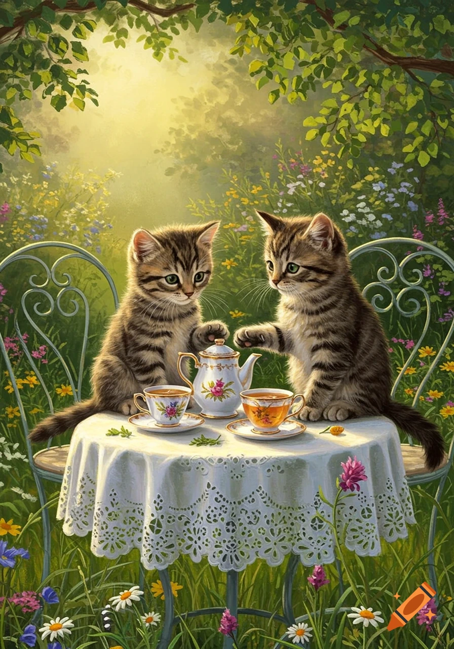 Two adorable tabby kittens sit at a small table, having a whimsical tea party in a sunny, lush garden with colorful flowers.