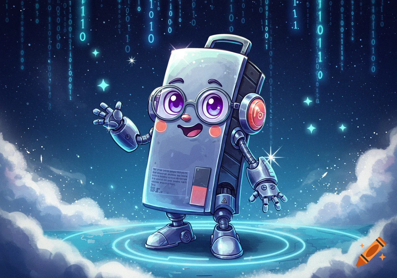 A cute anime-style robot character, resembling Microsoft Clippy, stands in a starry space with binary code raining down.