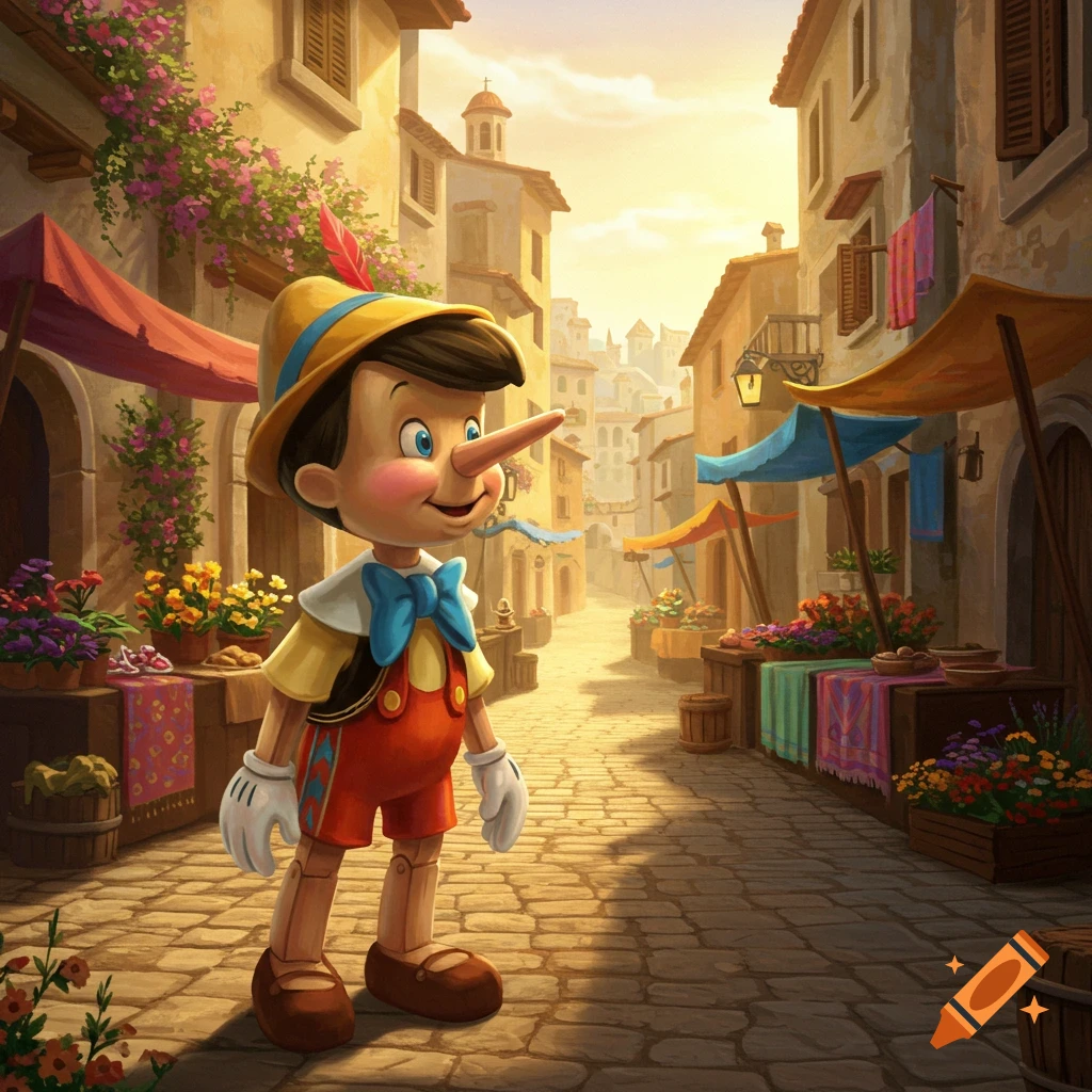 Pinocchio stands in a sunlit village street with market stalls and buildings, in a classic animated style.