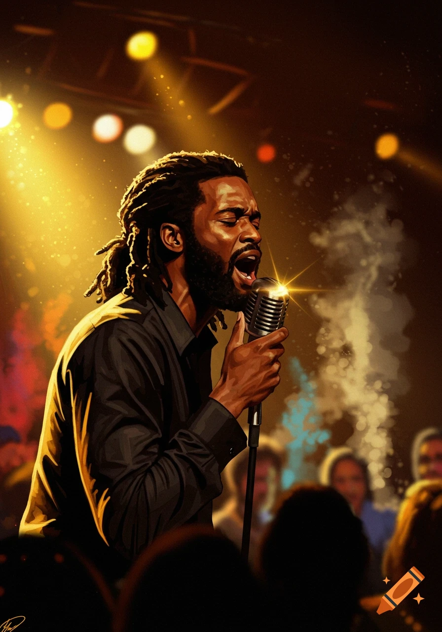 Digital painting of a Black man with dreadlocks singing passionately into a vintage microphone on a dimly lit stage, bathed in golden light.